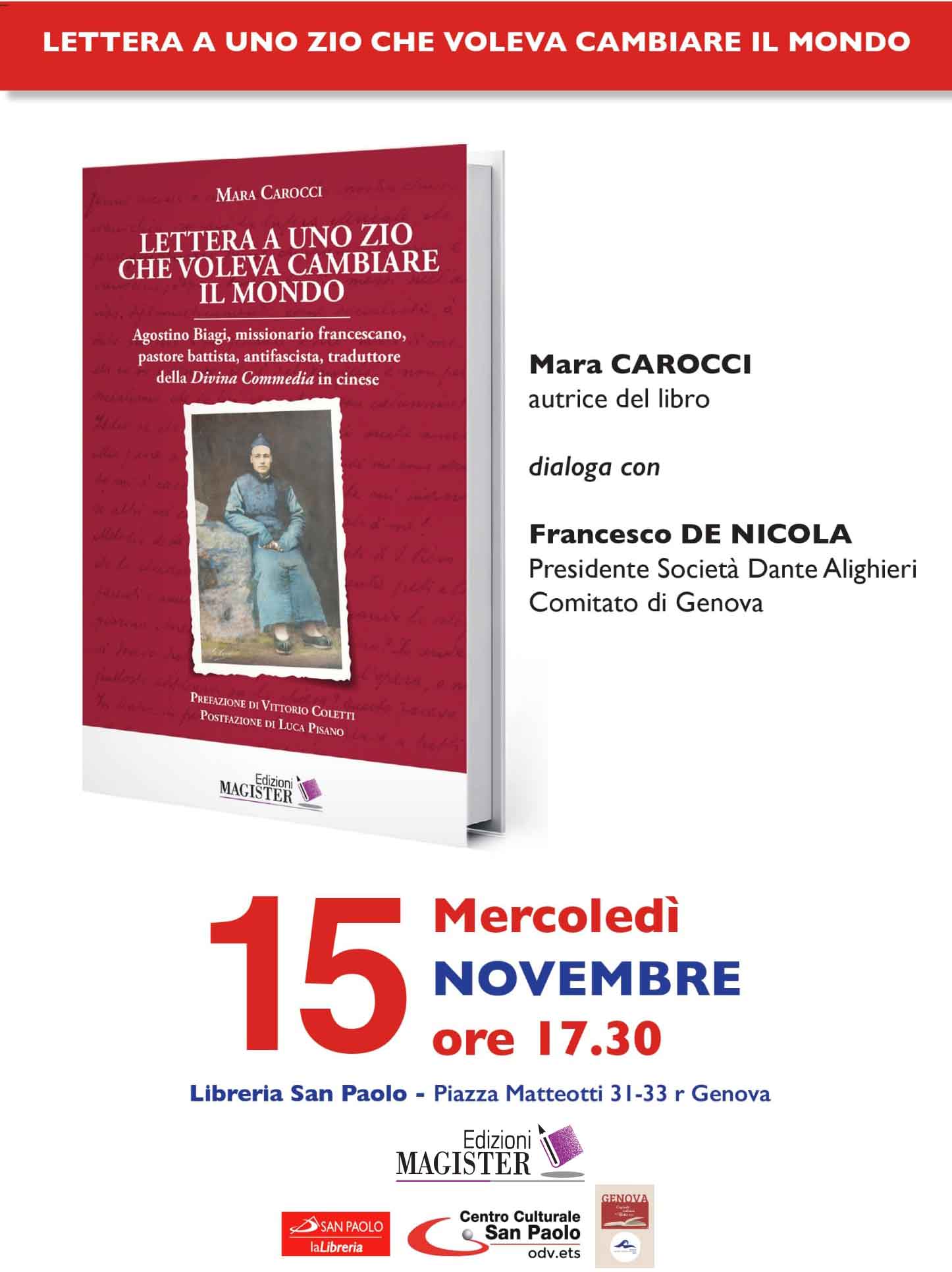 Mara Carocci presenta nella libreria San Paolo di Genova il libro "Lettera a uno zio che voleva cambiare il mondo", Edizioni Magister